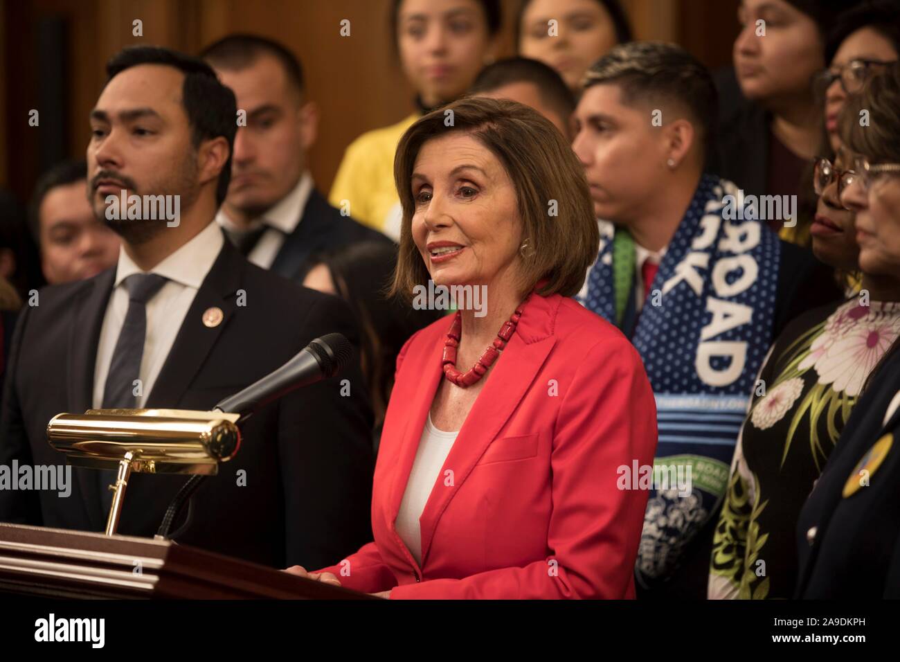 U.S. Speaker of the House Nancy Pelosi of California, joined by fellow democrats, calls on the Trump Administration to reverse their termination of DACA during a press conference on Capitol Hill November 12, 2019 in Washington, DC. Members of the Senate and House joined plaintiffs in the DACA case demanded the Republican-controlled Senate to pass the Dream and Promise Act to allow children of undocumented migrants to stay in the United States. Stock Photo