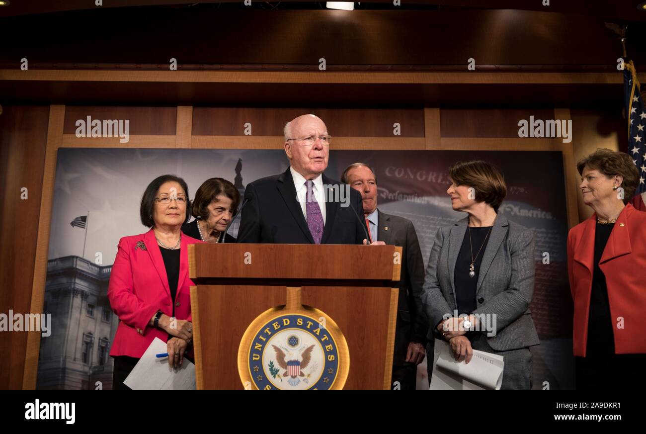 U.S. Senator Patrick Leahy of Vermont, joined by fellow democrats, introduced the Violence Against Women Reauthorization Act of 2019 during a press conference on Capitol Hill November 13, 2019 in Washington, DC. Stock Photo