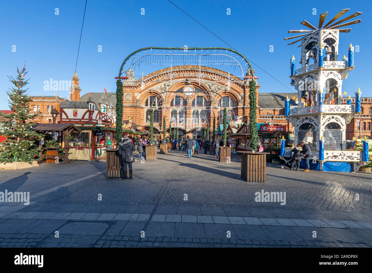 Christmas Market at station square, central station, Bremen, Stock Photo