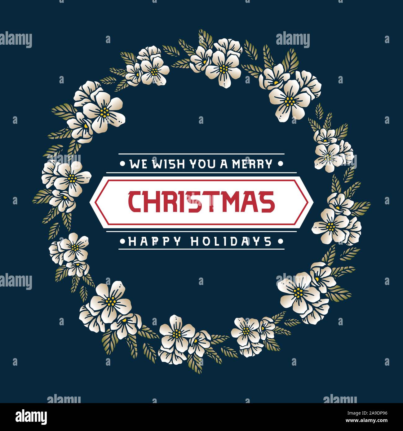 Handwritten card of christmas happy holiday, with abstract wreath frame ...