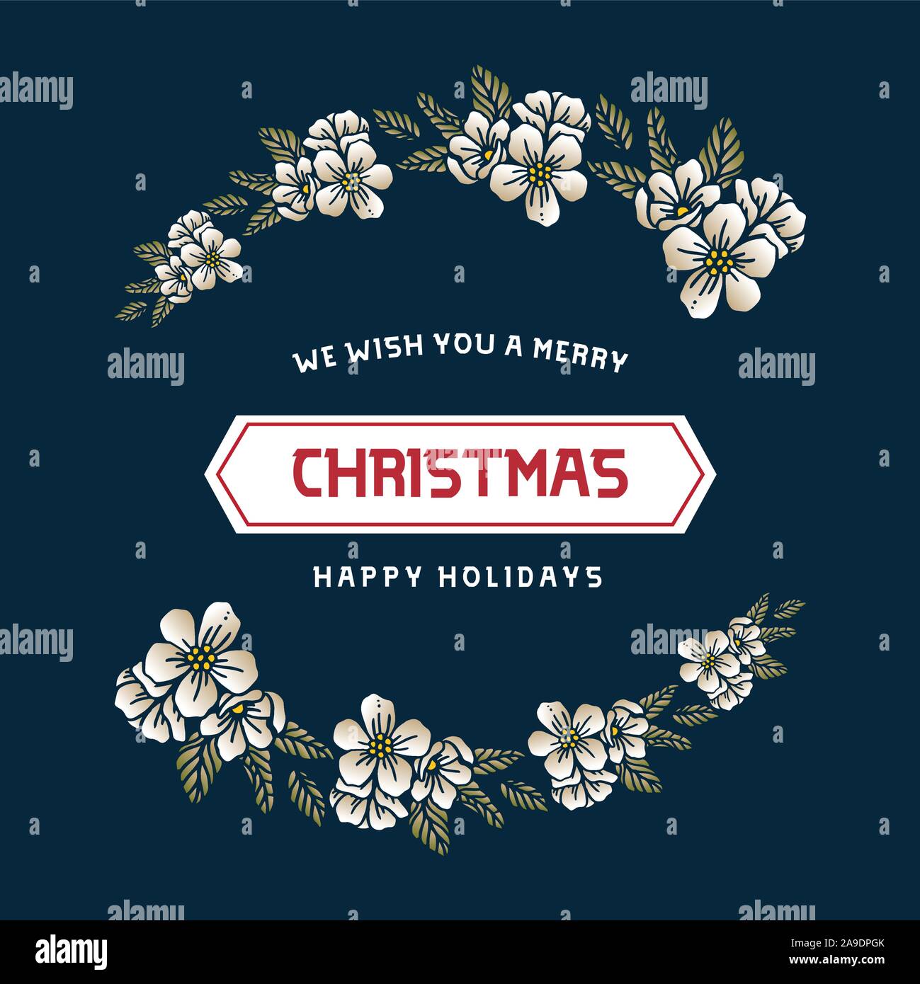 Handwritten card of christmas happy holiday, with abstract wreath frame ...