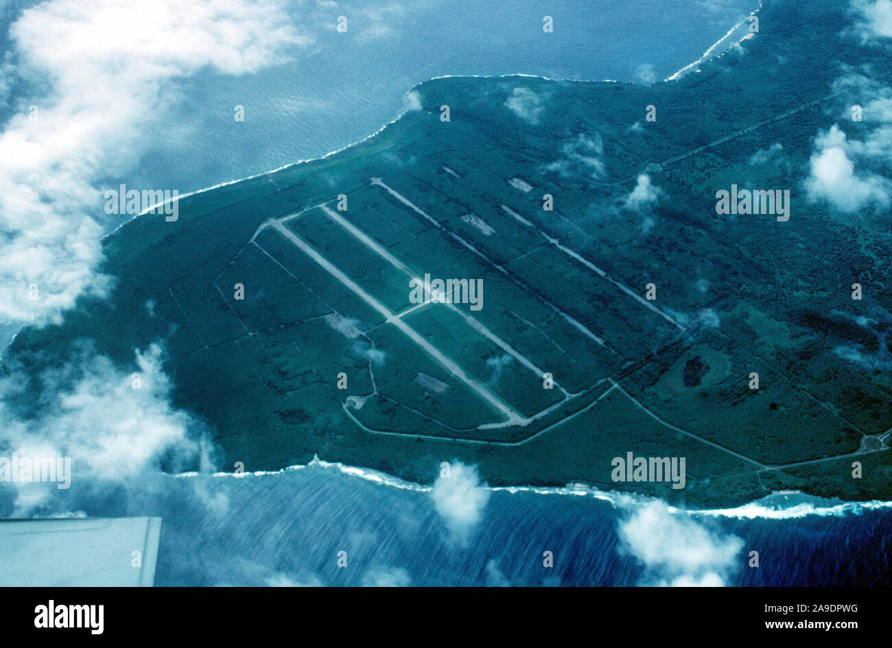 An aerial view of the USAAF North Field on Tinian Island. It was from here in World War Two that B-29 bombers flew long range missions against mainland Japan. Both the missions to Hiroshima and Nagasaki originated from this airstrip Stock Photo