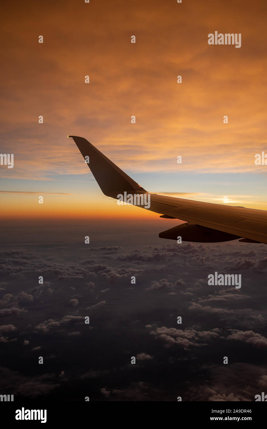 airplane wing during sunrise above the clouds Stock Photo - Alamy