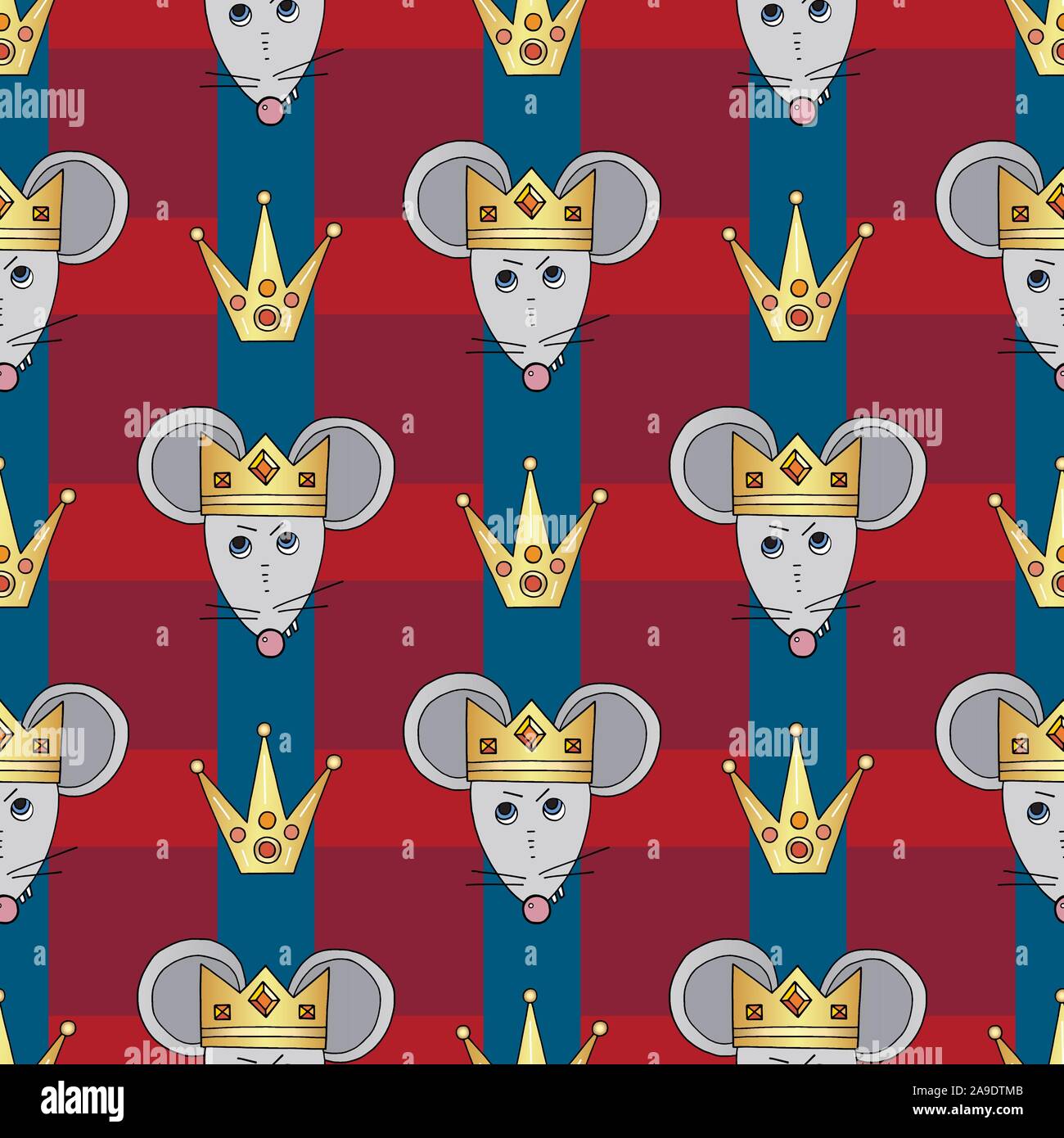 Rat king character vector seamless pattern. Mouse prince animal with crown. Happy New Year symbol of 2020. Hand drawn cartoon cute pets background. Stock Vector