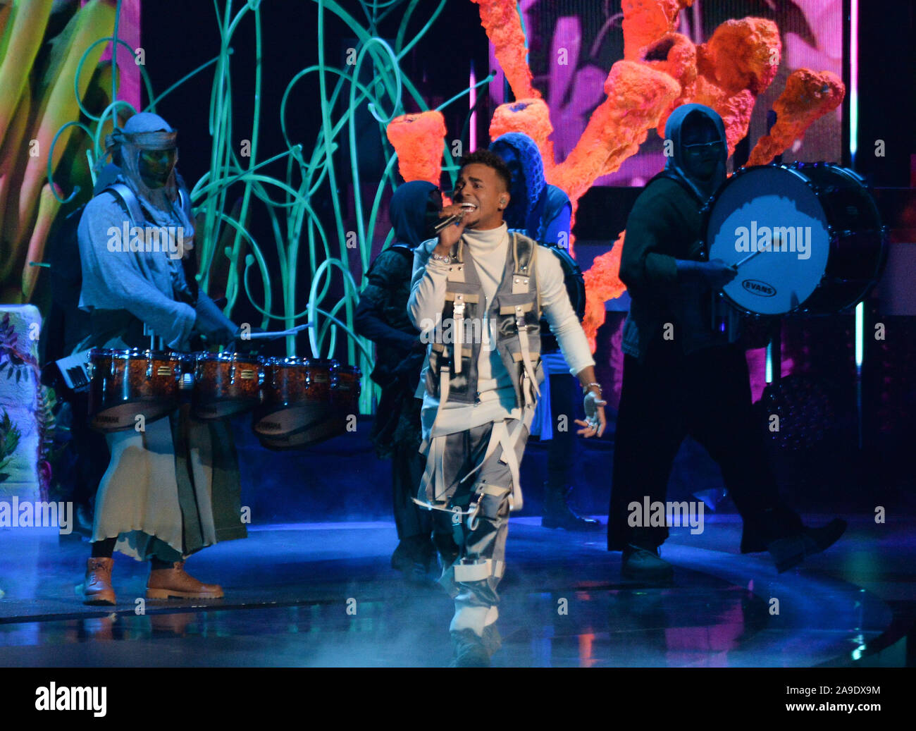 Las Vegas, United States. 14th Nov, 2019. Ozuna performs a medley of 'Amor Genuino,& Hasta que Salga el Sol' onstage during the 20th annual Latin Grammy Awards honoring Columbian singer Juanes at the MGM Grand Convention Center in Las Vegas, Nevada on Thursday, November 14, 2019. Photo by Jim Ruymen/UPI Credit: UPI/Alamy Live News Stock Photo