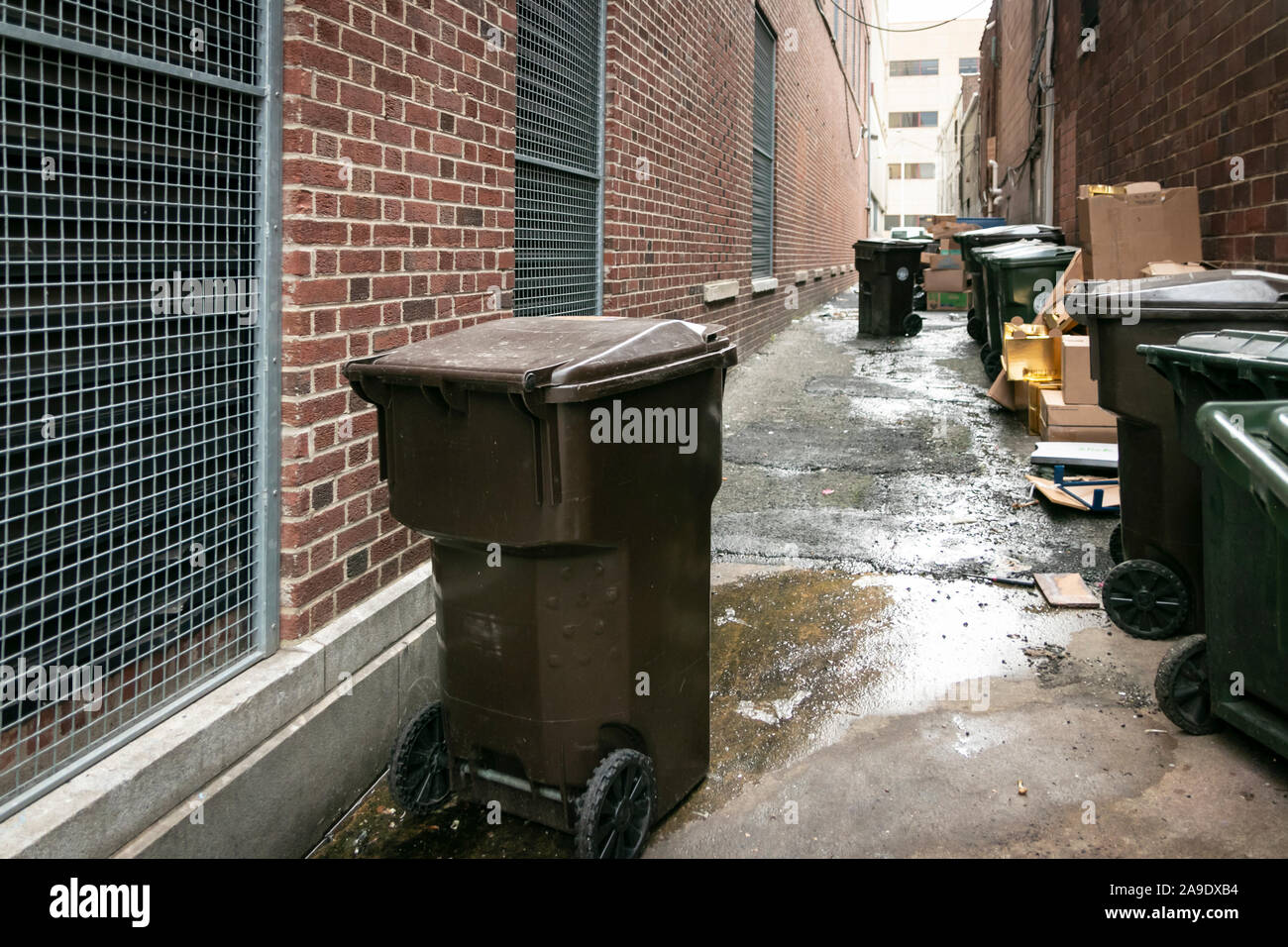 Garbage cans and recycling bins in a city alley with cardboard boxes and trash Stock Photo