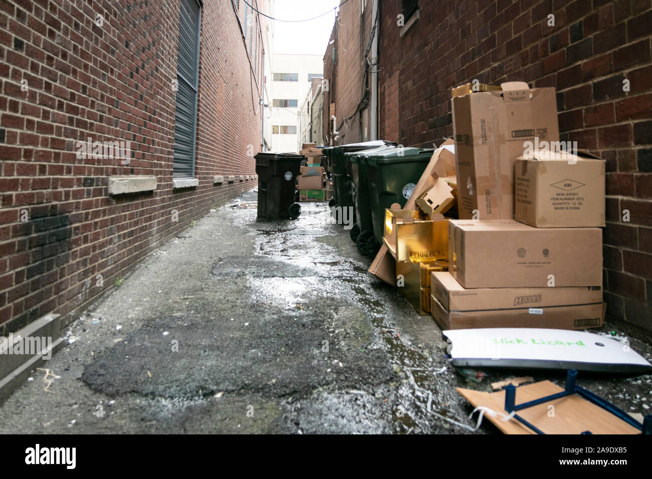 Garbage cans and recycling bins in a city alley with cardboard boxes and trash Stock Photo
