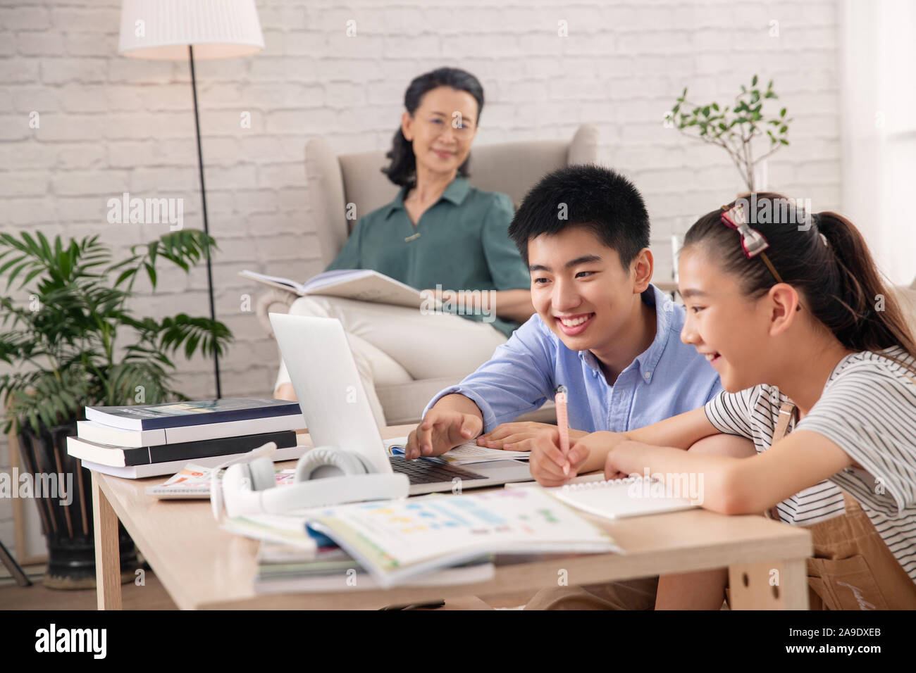 Students look at the computer online learning Stock Photo Alamy