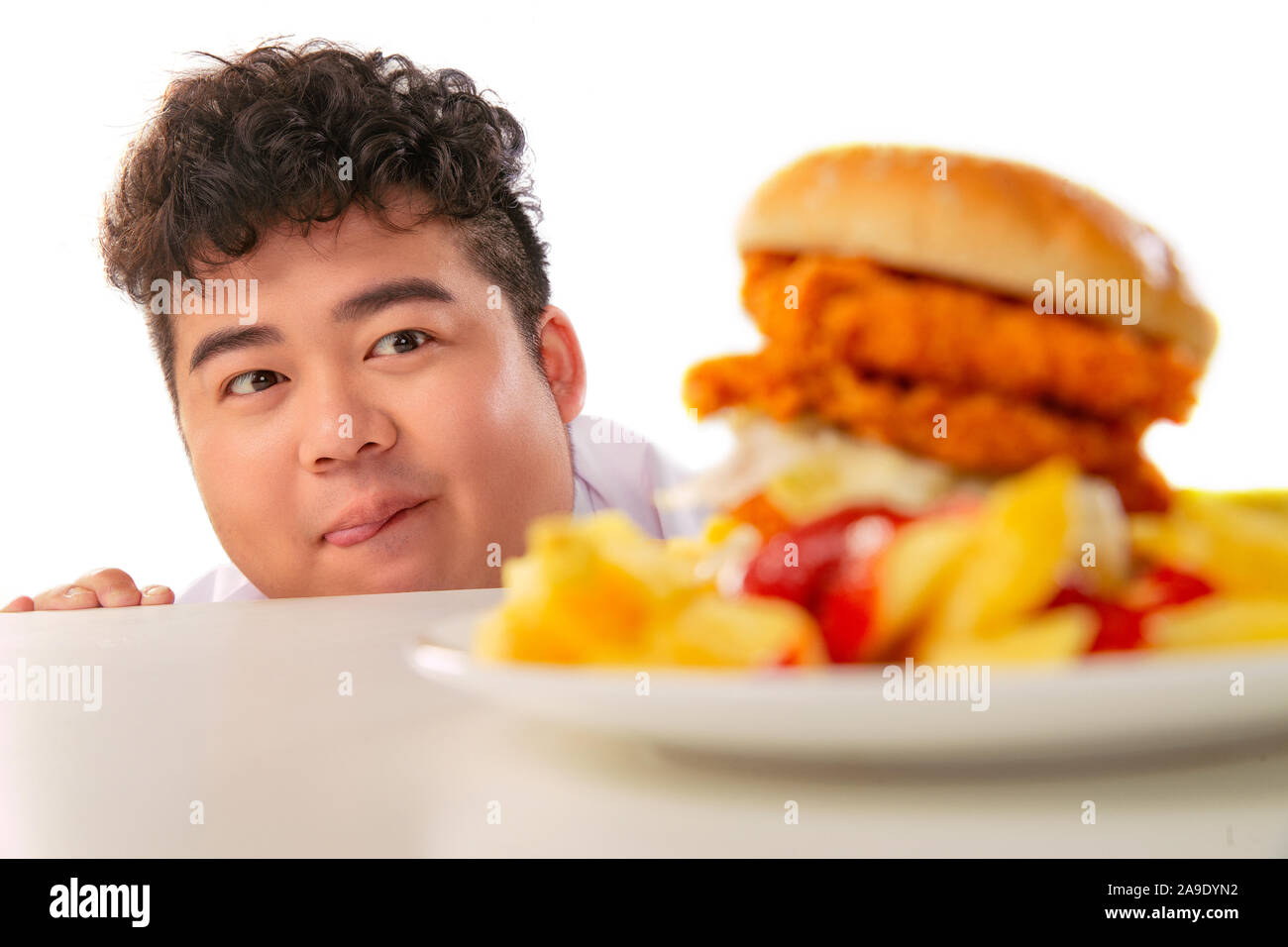 Small fat boy want to eat hamburgers Stock Photo Alamy