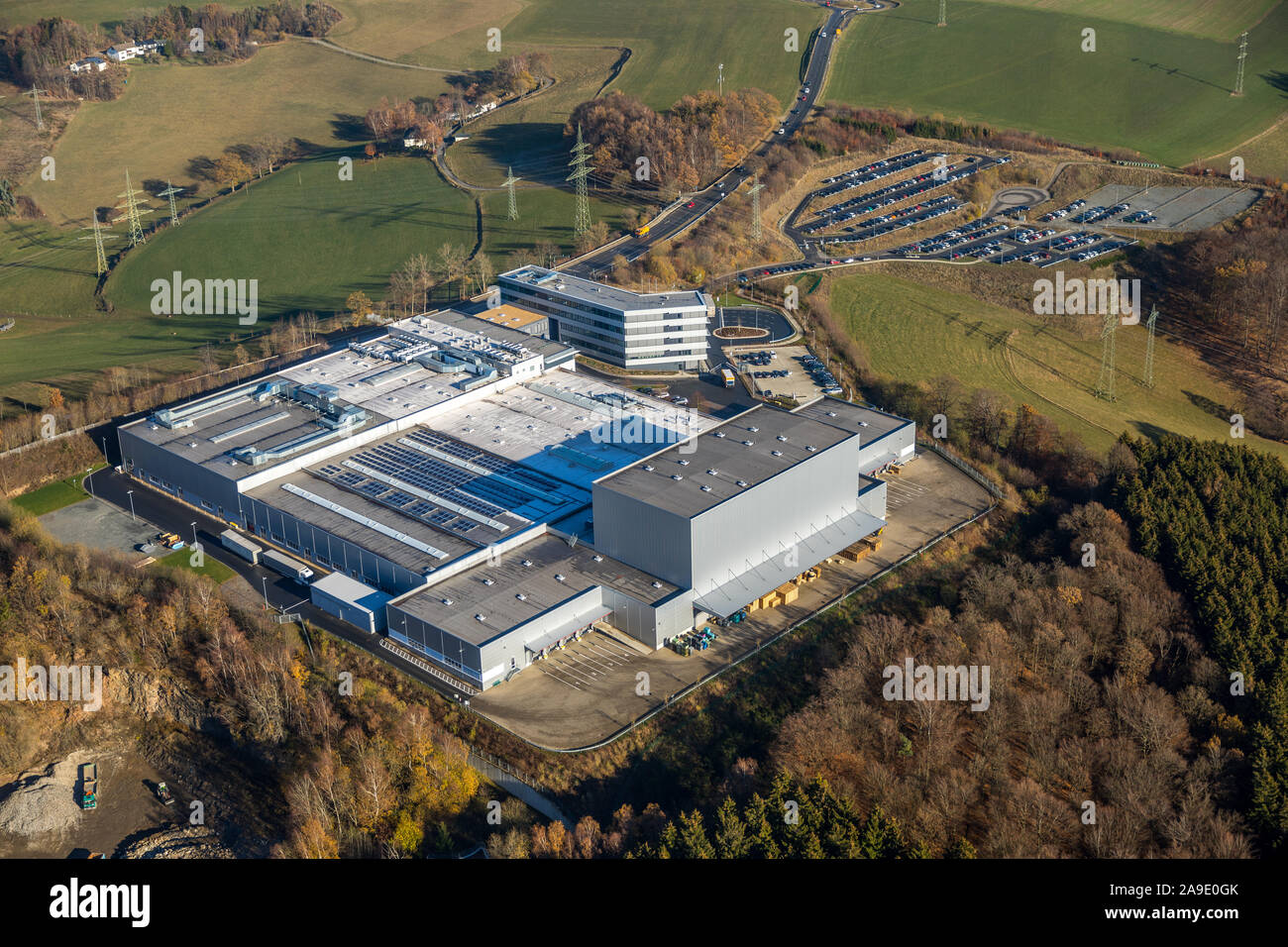 Aerial shots, KOSTAL Kontakt Systeme GmbH, Zum Timberg, employee parking, car series, Brunscheider street, Wettring court, Lüdenscheid, Sauerland, dis Stock Photo