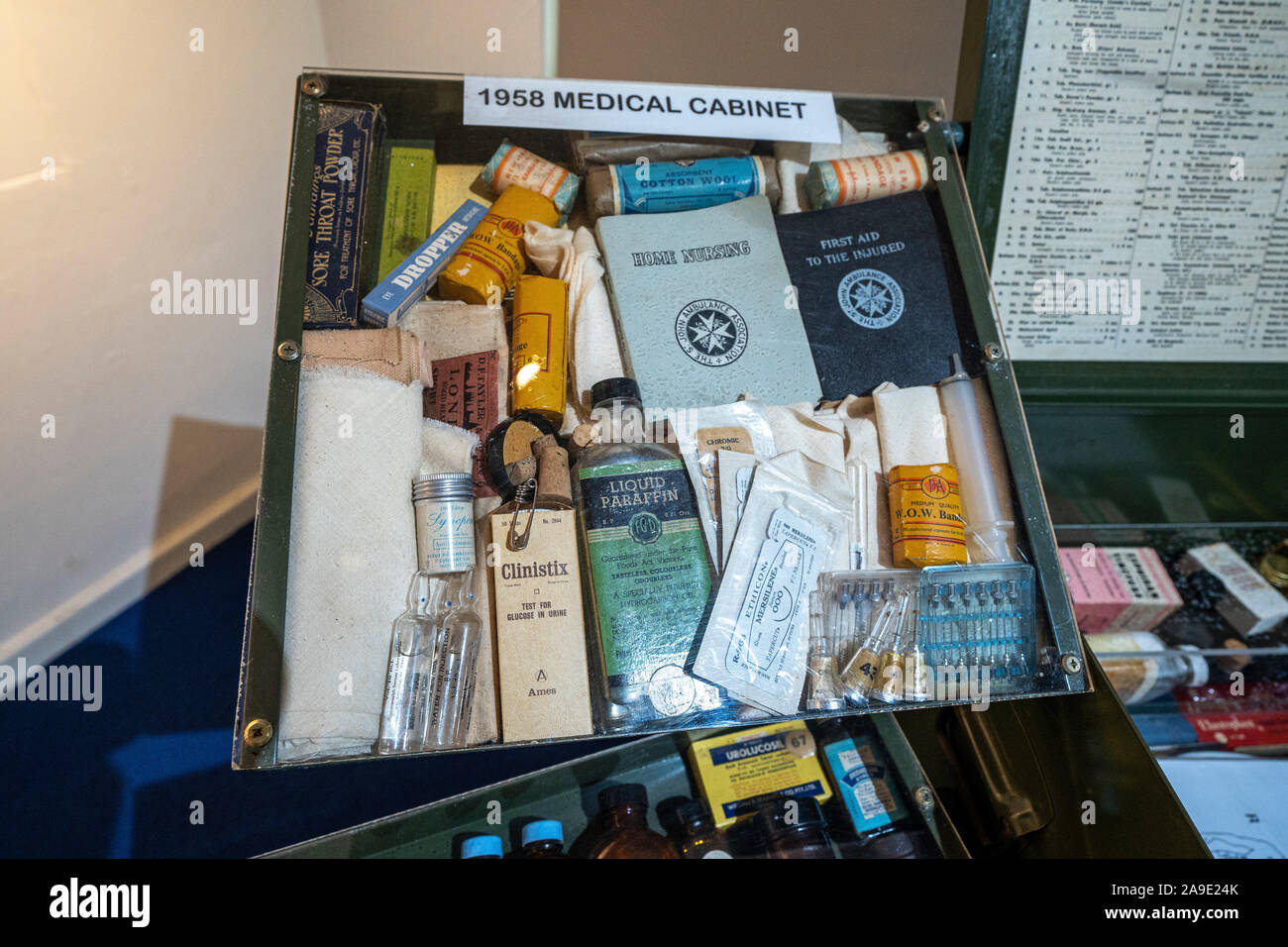 A Royal Flying Doctor Service medical chest from 1958 which was used by remote communities in outback Australia. Alice Springs, Northern Territory. Stock Photo