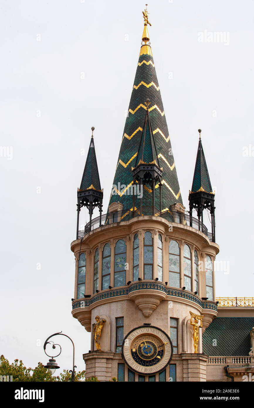 Georgia, Adscharien, Batumi, astronomical bell tower in the facade of the former Nationwide bank, Europe park, Stock Photo