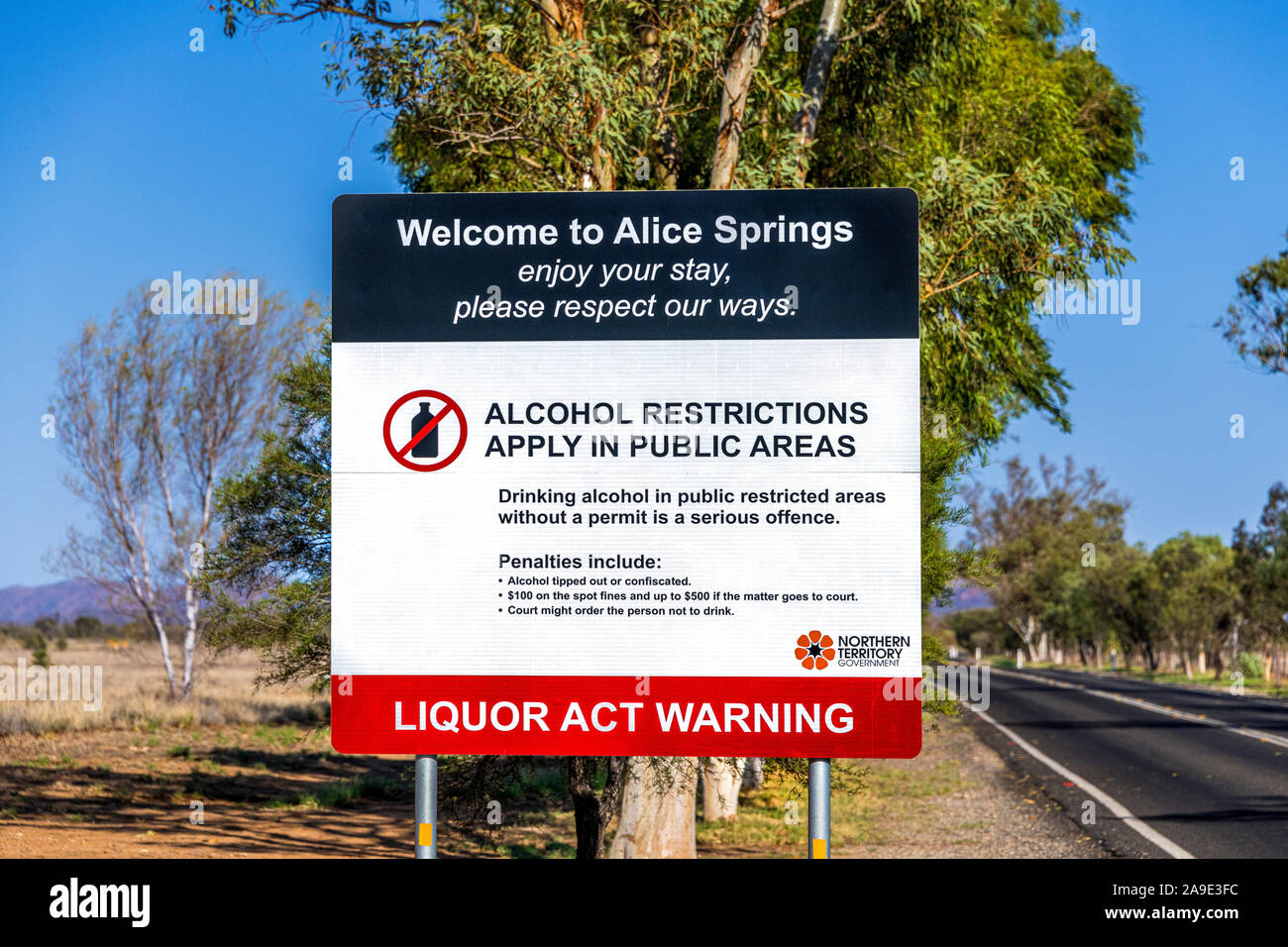 8 Oct 19 - Alice Springs, Australia. An alcohol restrictions sign in the Northern Territory used to tackle the issue of alcohol abuse within Aborigina Stock Photo