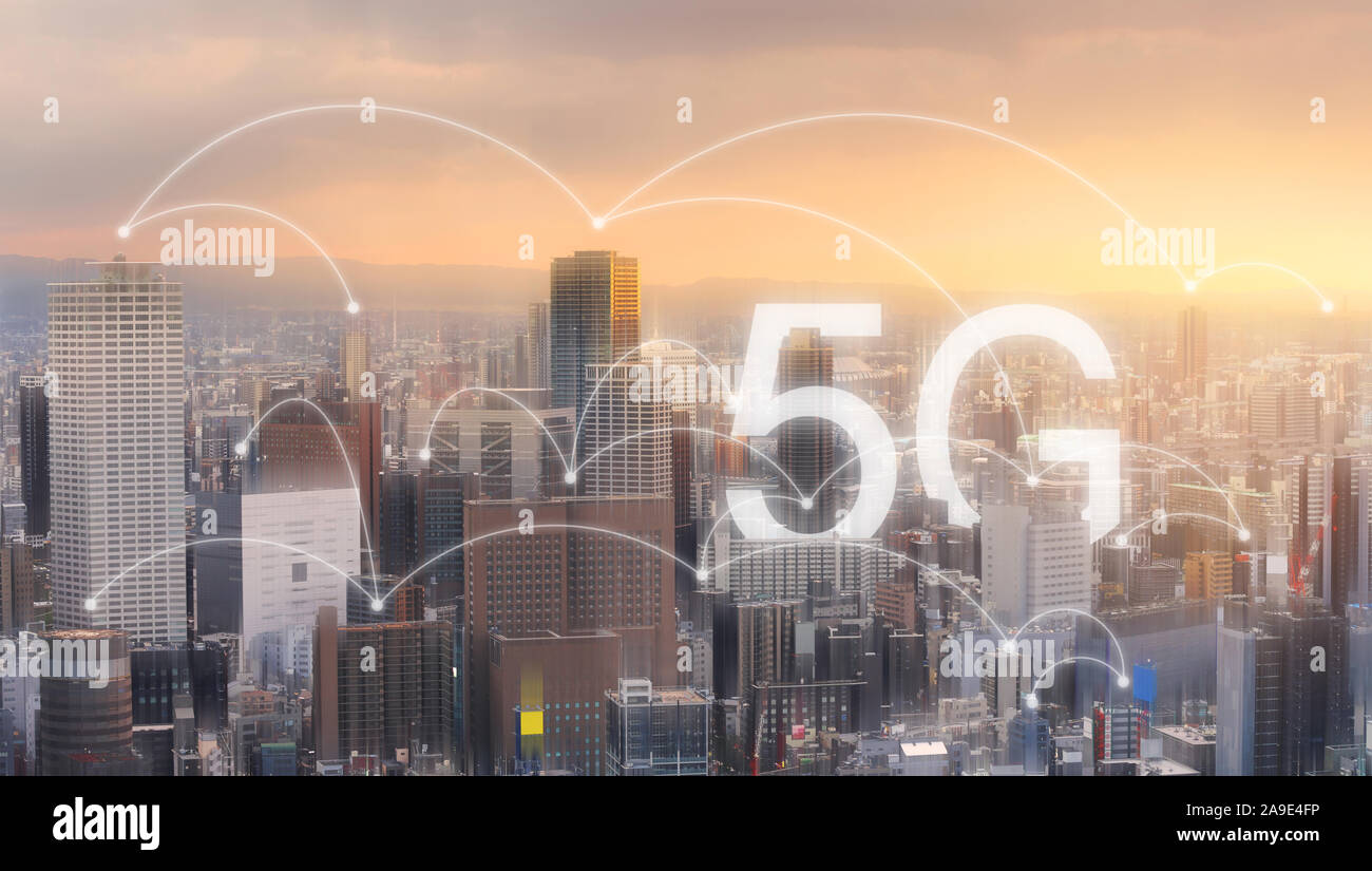Network connection technology in the city, with 5g internet networking sign Stock Photo