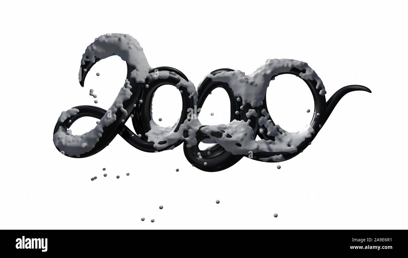 Happy New Year Banner with 2020 Numbers made by black glossy plastic with snow isolated on white Background. abstract 3d illustration creative letteri Stock Photo