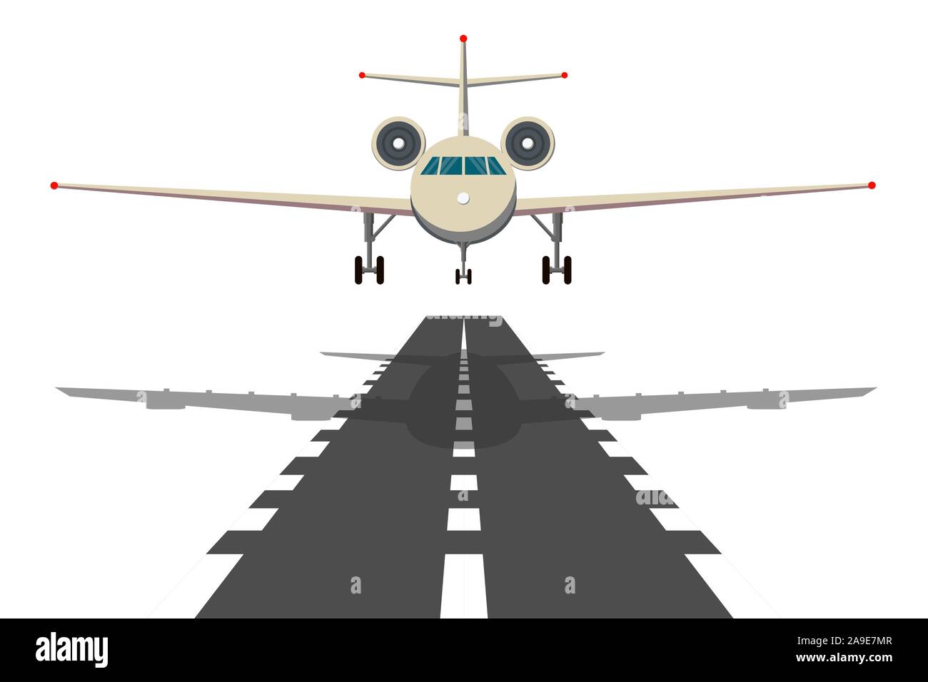 Jet aeroplane on runway. Aircraft takeoff from civil airline to blue sky realistic vector background illustrations. Stock Vector