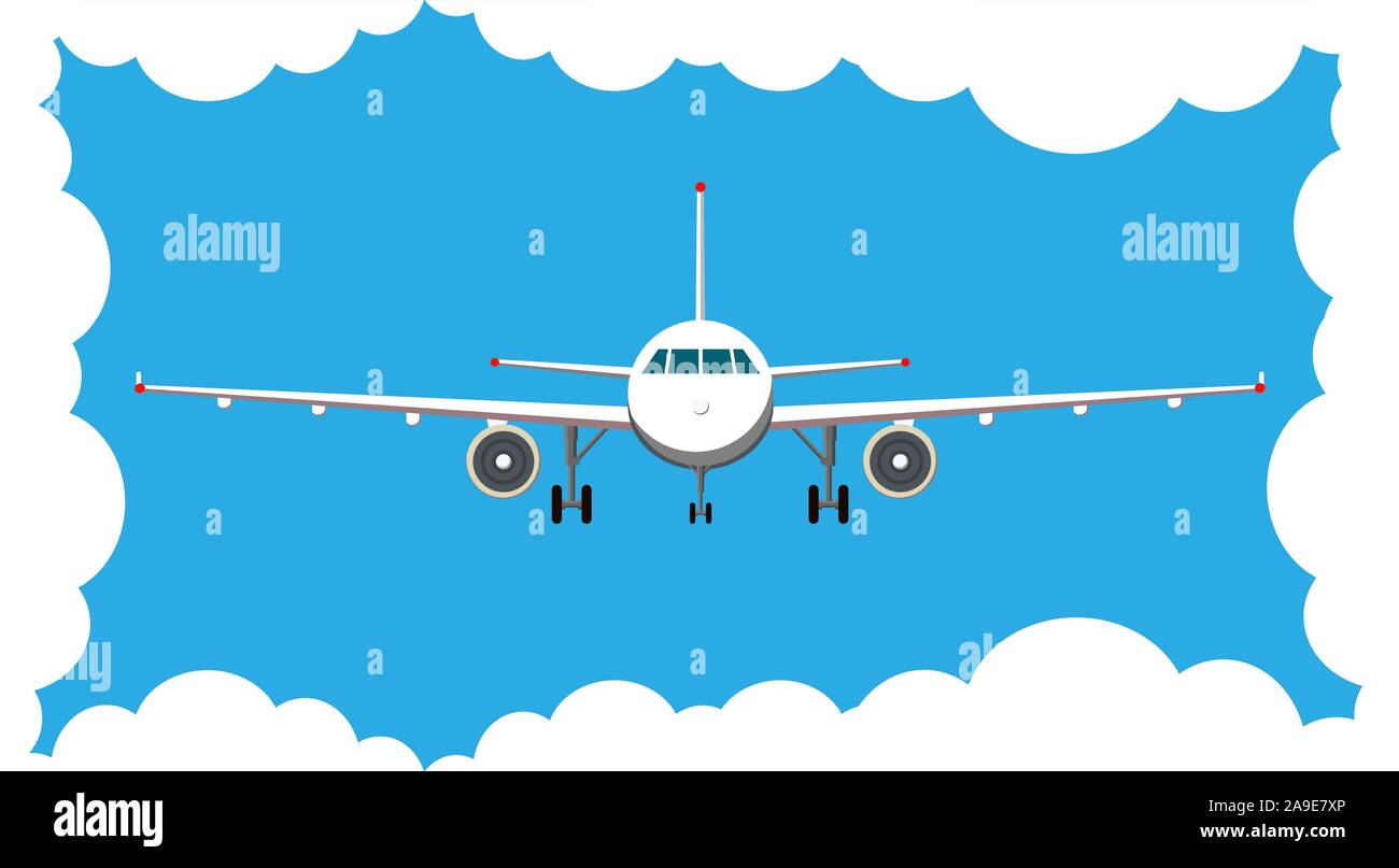Airplane front view. Blue sky with clouds. Stock Vector