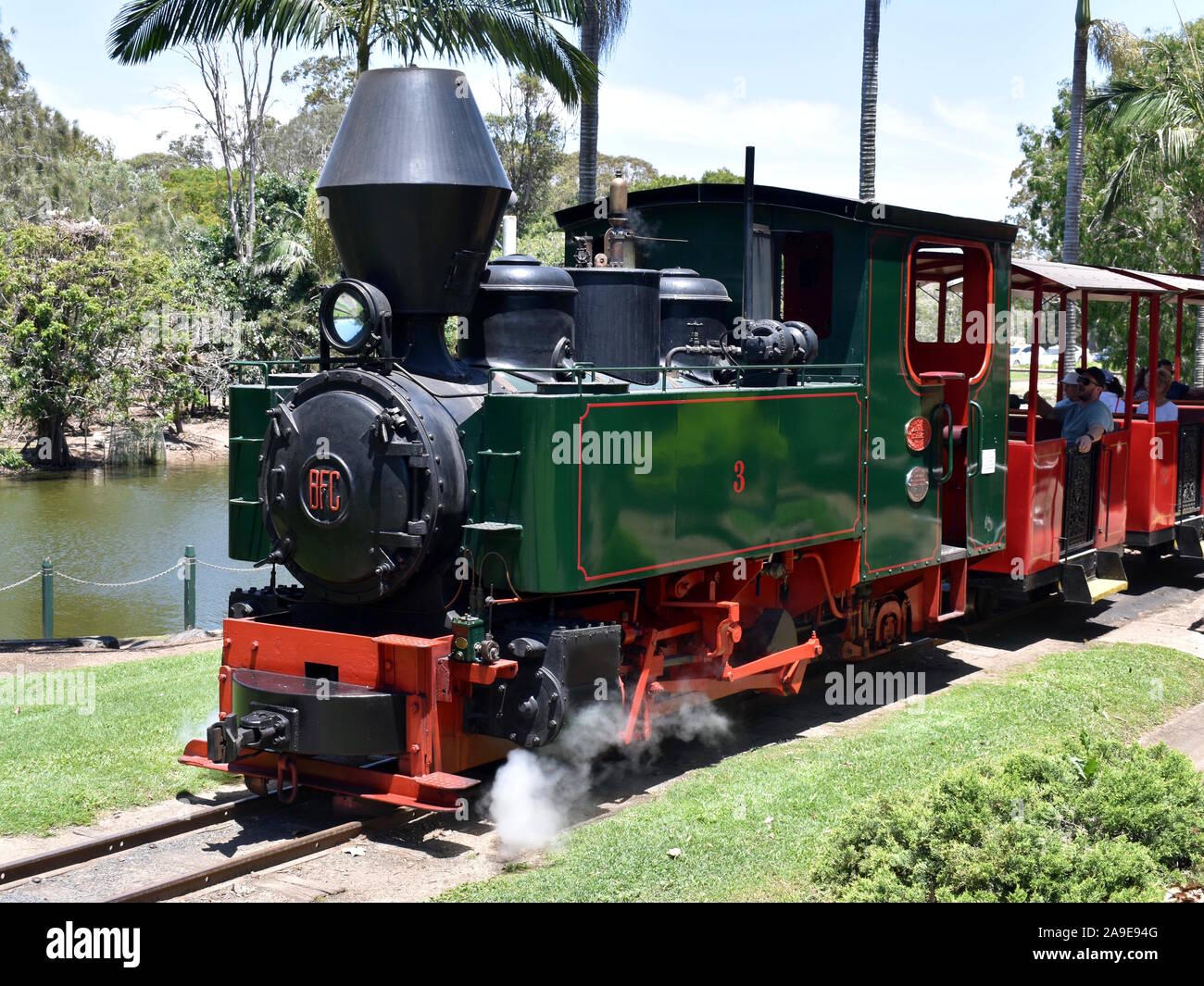 A refurbished steam engine running trips at the Hinkler Hall of Aviation park. Stock Photo