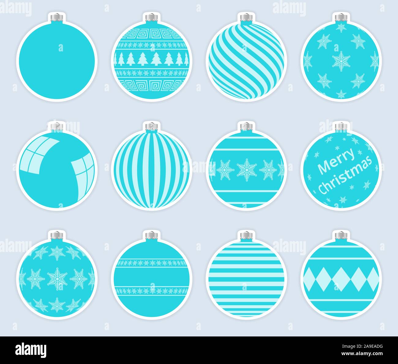 Magic, aquamarine christmas balls stickers isolated on gray background. High quality vector set of christmas baubles. Stock Vector