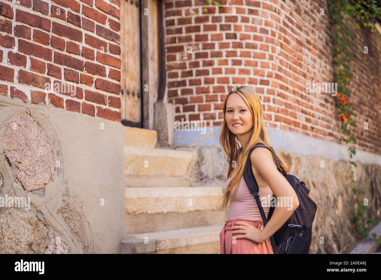 Young woman tourist in Bukchon Hanok Village is one of the famous place ...