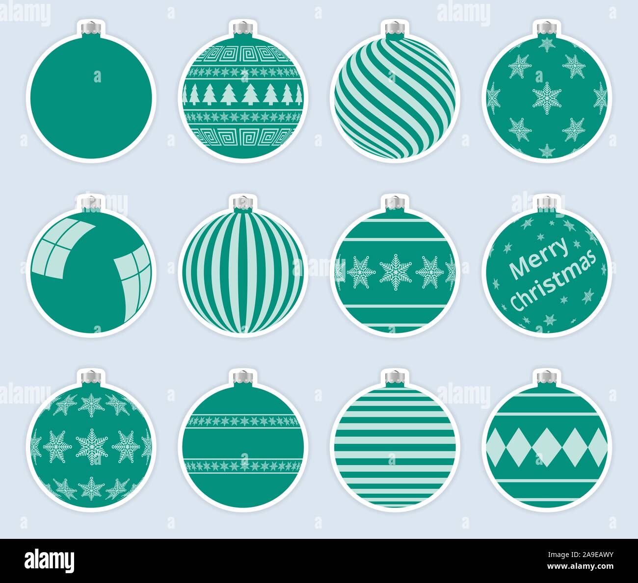 Magic, dark green christmas balls stickers isolated on gray background