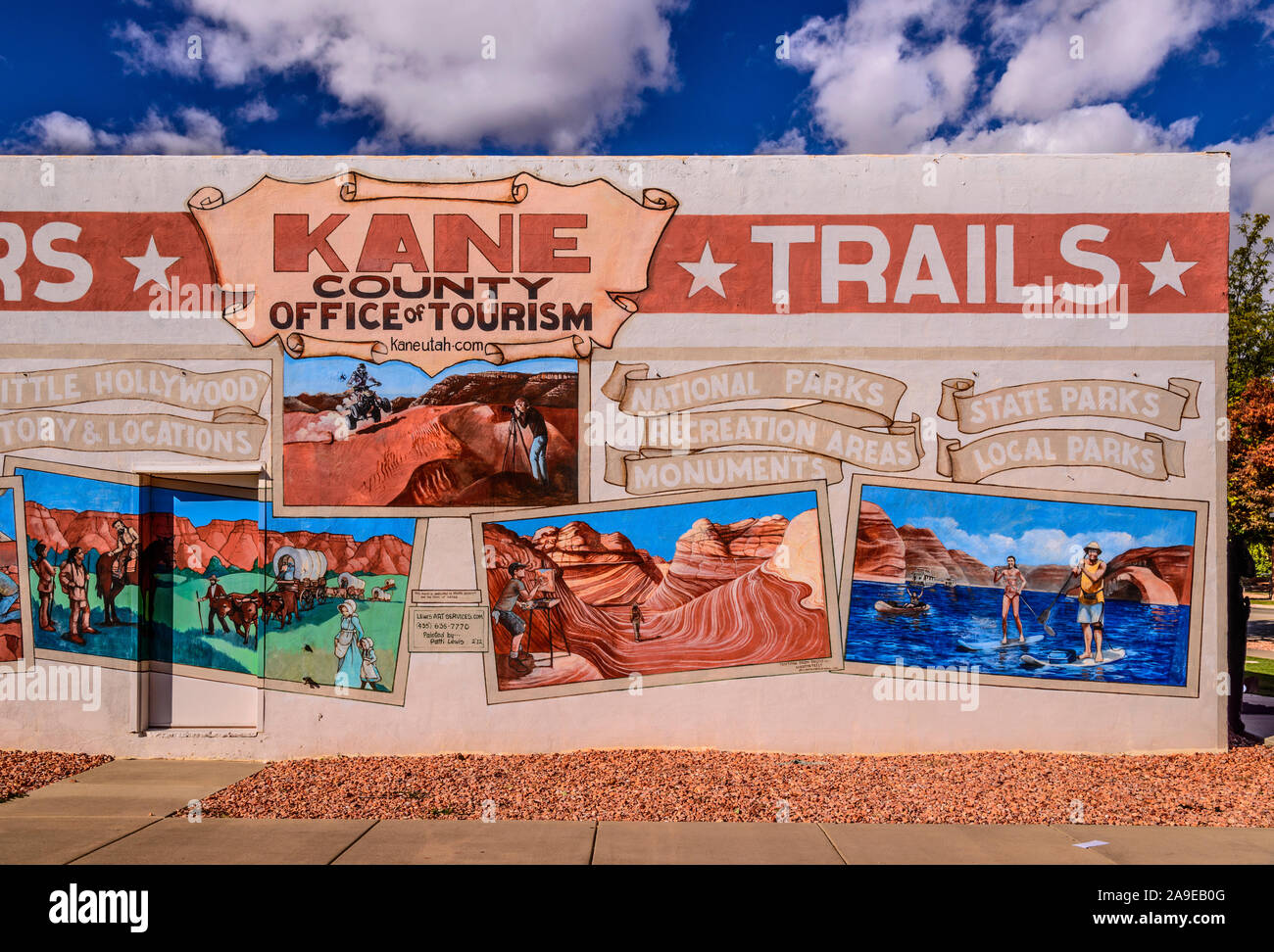 The USA, Utah, Kane County, Kanab, office of Tourism, wall painting, places of interest, top advertisements Stock Photo