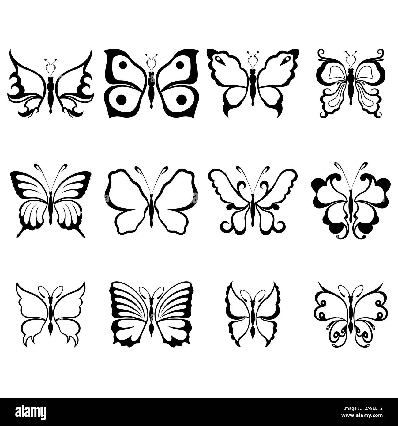 Set of twelve stencils of beautiful butterflies isolated on a white background, hand drawing