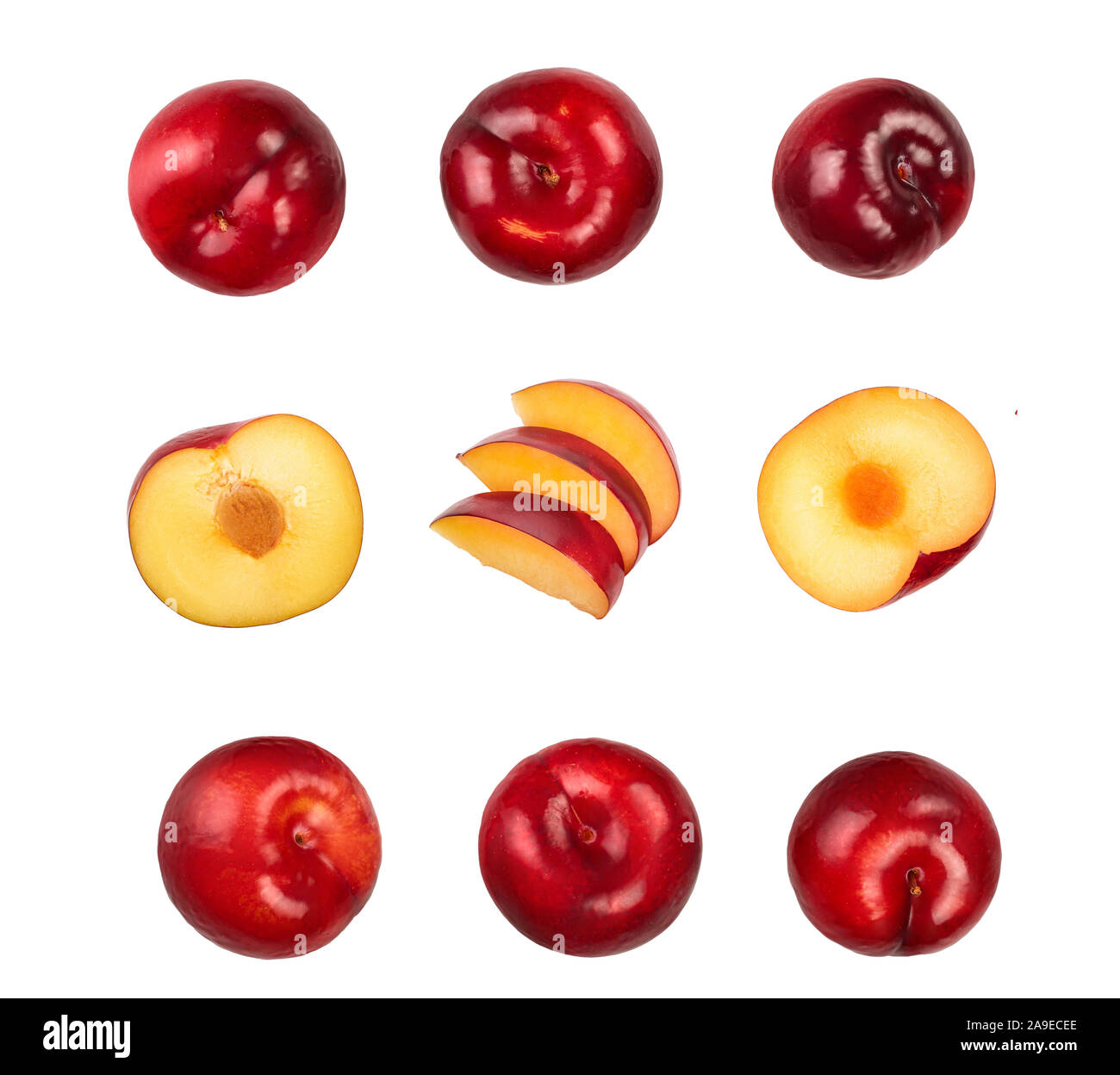 fresh red plum isolated on white background. Top view. Flat lay. Set or ...