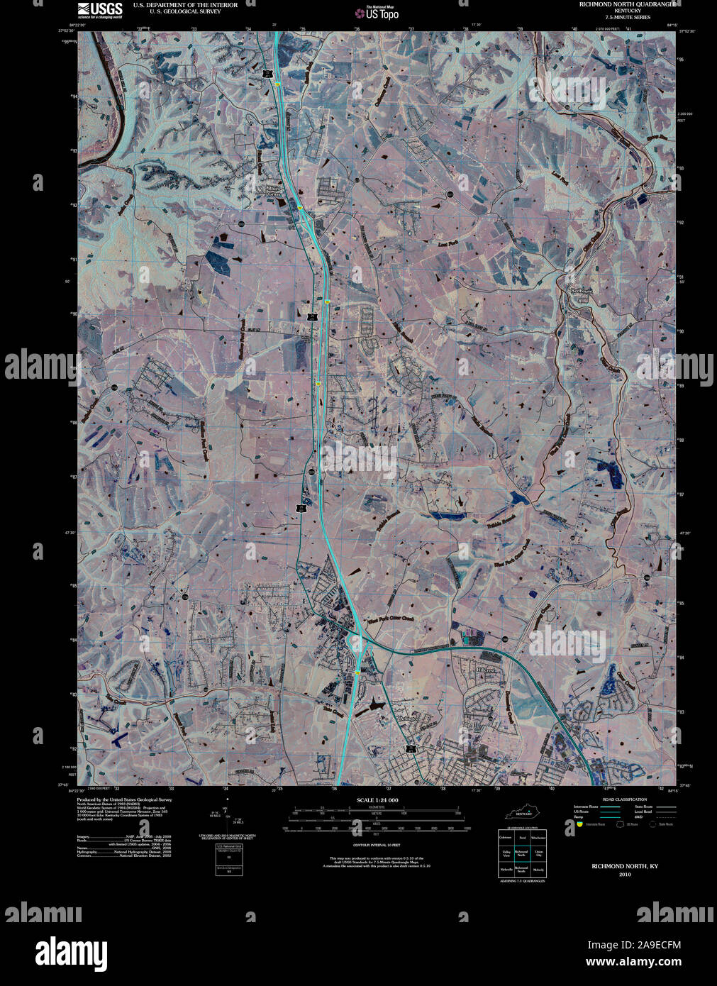 USGS TOPO Map Kentucky KY Richmond North 20100324 TM Inverted Stock Photo