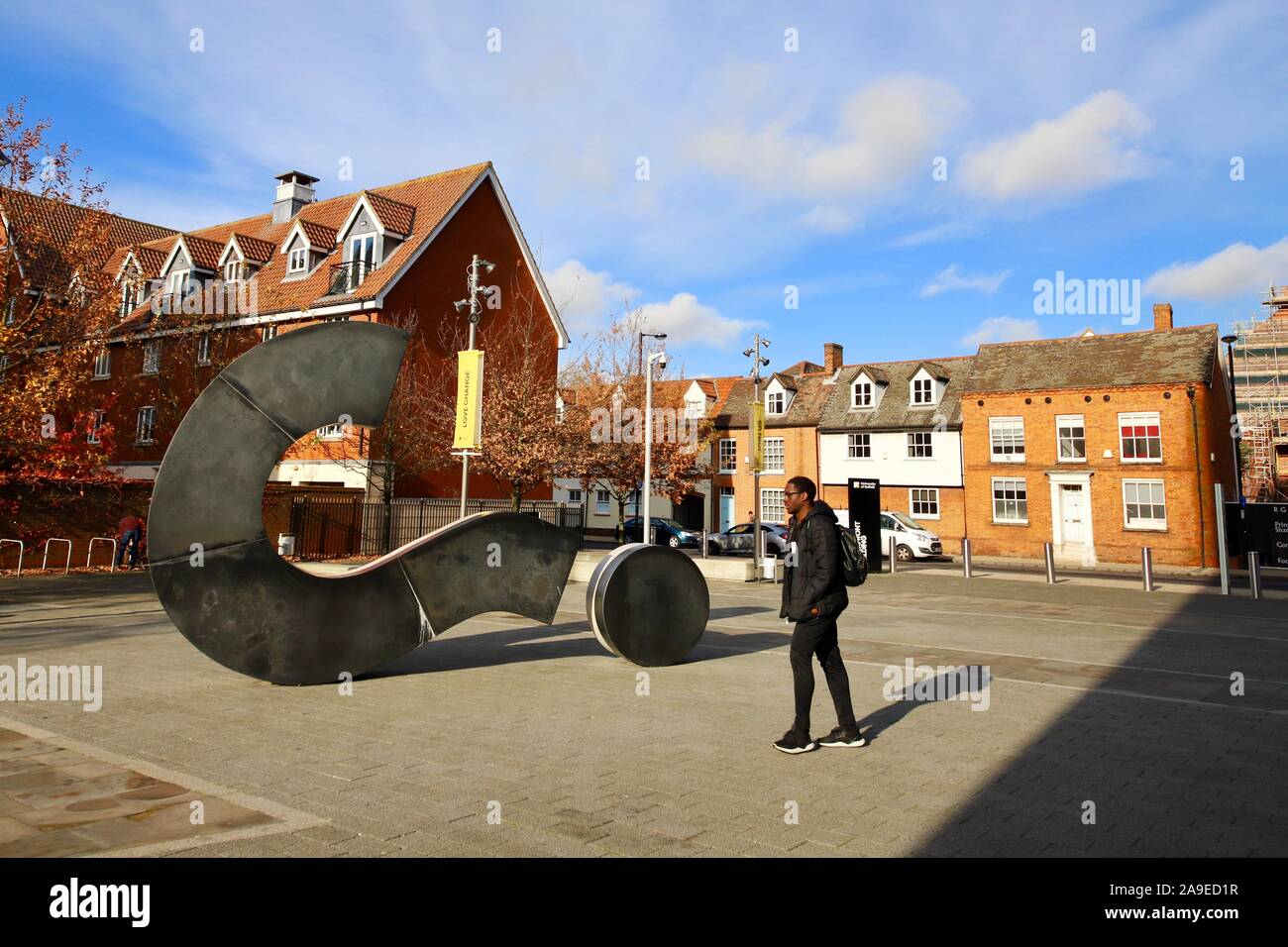 Ipswich, Suffolk, UK - 13 November 2019:  Giant question mark sculpture at the University of Suffolk. Stock Photo