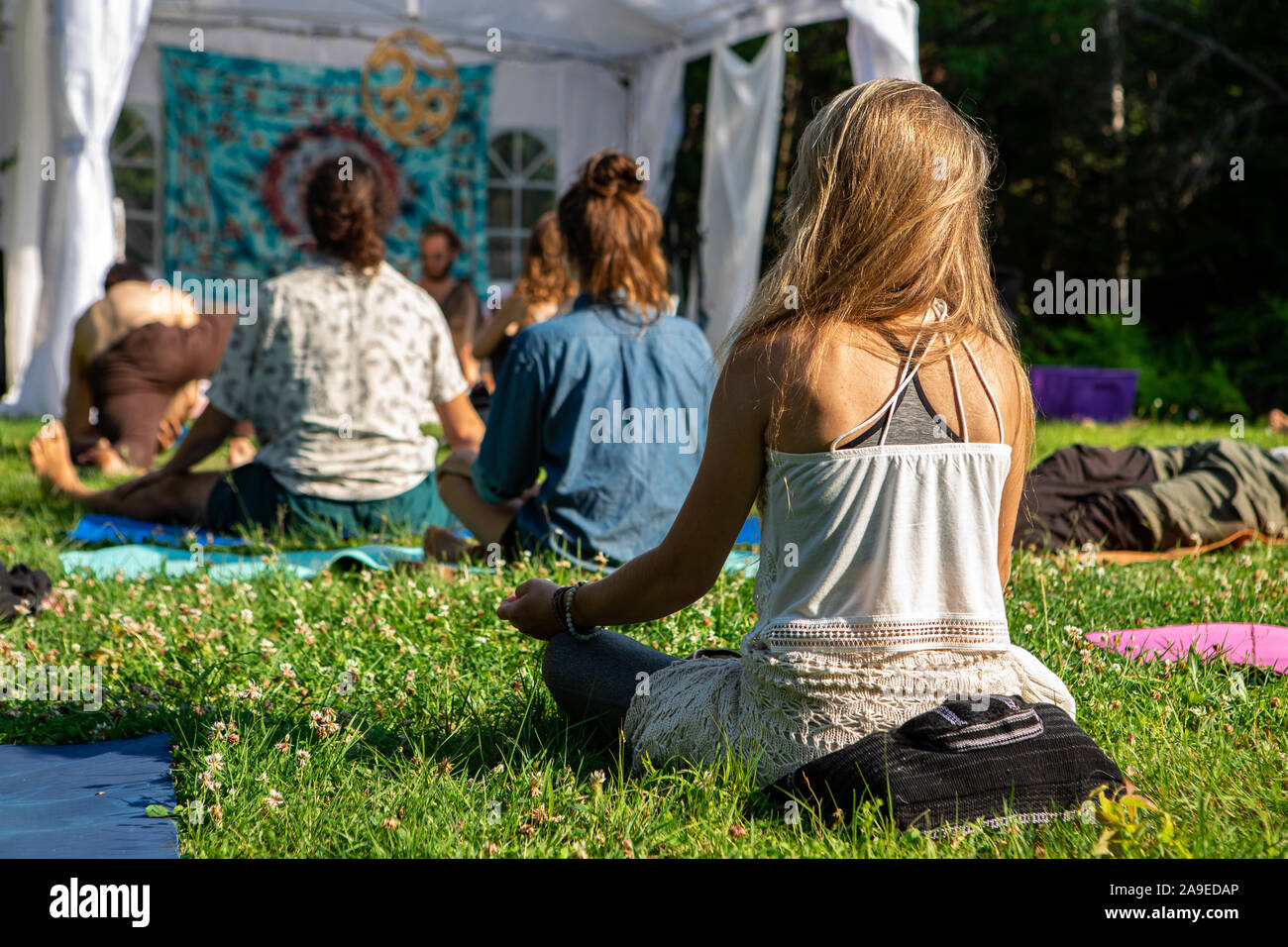back view of blonde girl with a diverse group of people enjoying outdoor meditation session during a woodland spiritual gathering Stock Photo