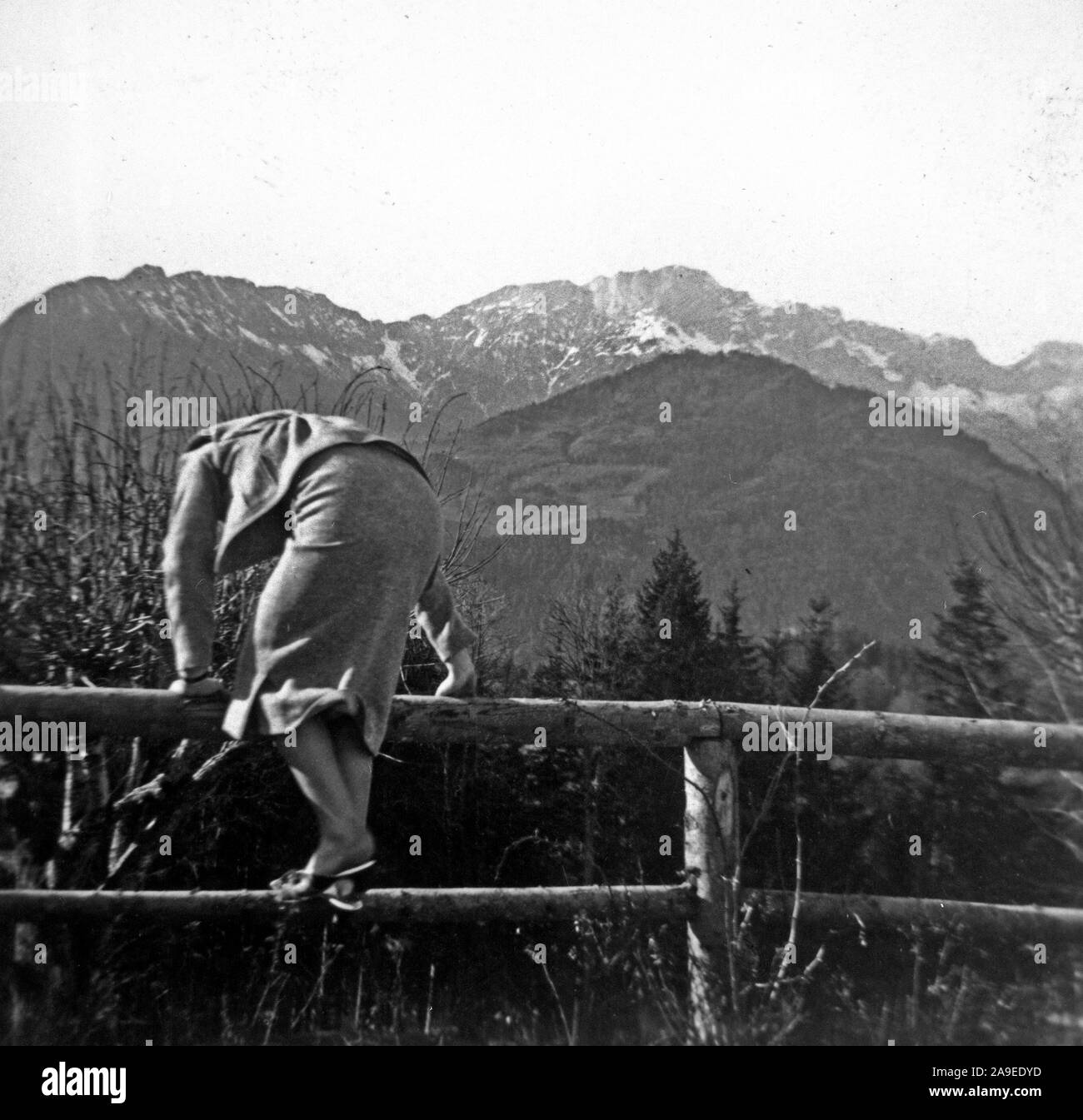 Eva Braun Collection (album 3)  - Woman climbing a fence in 1930s or 1940s Germany Stock Photo