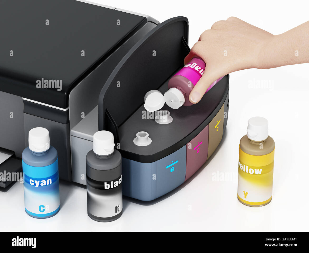 InkJet printer with refillable ink tanks isolated on white background