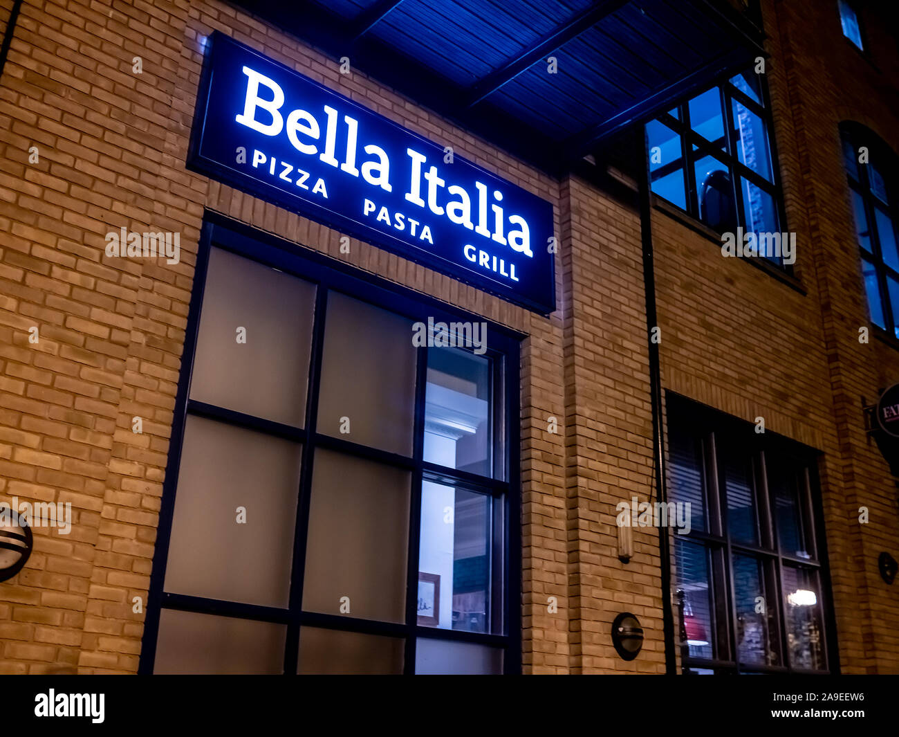 9 Bella Italia - just one of the many popular chain restuarants located at the Riverside complex in Norwich, Norfolk captured early evening before the Stock Photo