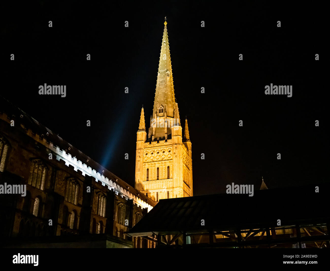 Norwich cathedral spire illuminated by spot lights against the night