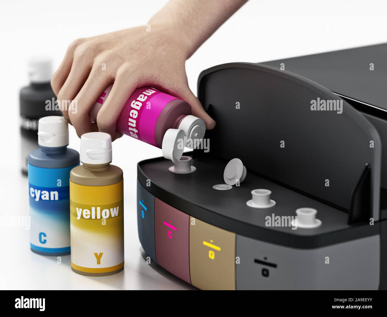 InkJet printer with refillable ink tanks isolated on white background