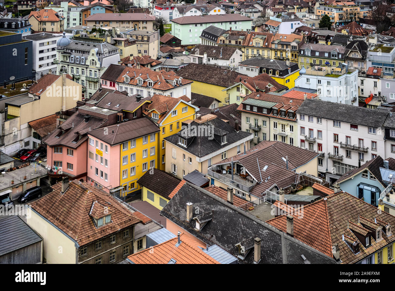 Residential houses in the centre of Interlaken, Switzerland, from above Stock Photo Alamy