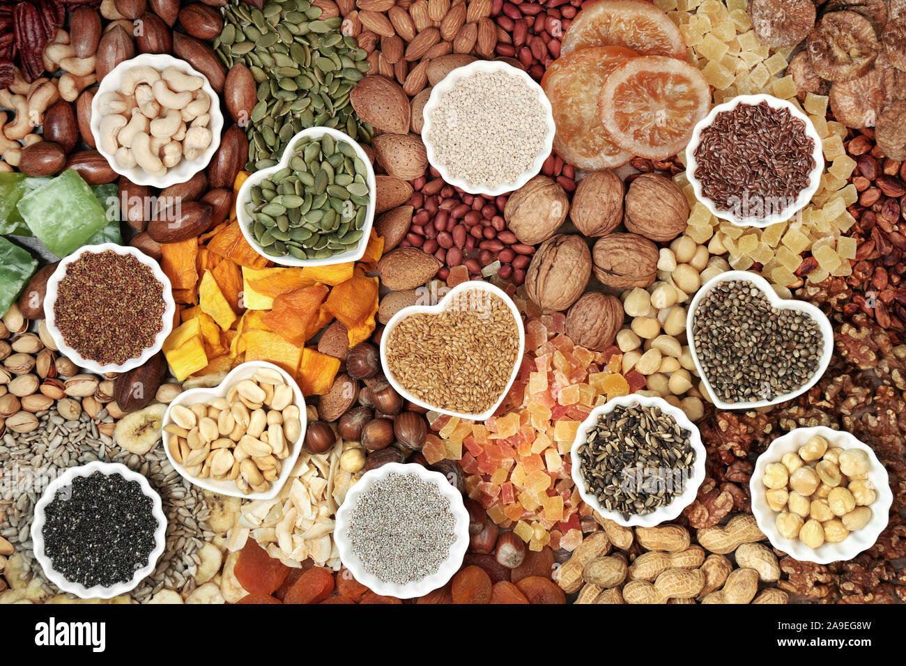 Dried fruit nut and seed collection forming a background. Health food