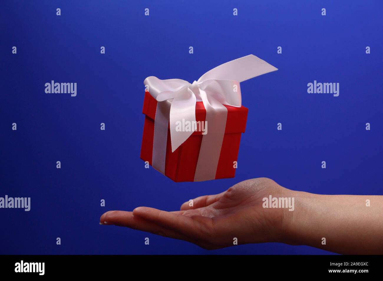 Red gift box with a white bow on a blue background. The box is closed by a lid. Gift flies in the air. Beneath the gift is a female hand. Concept. Giv Stock Photo