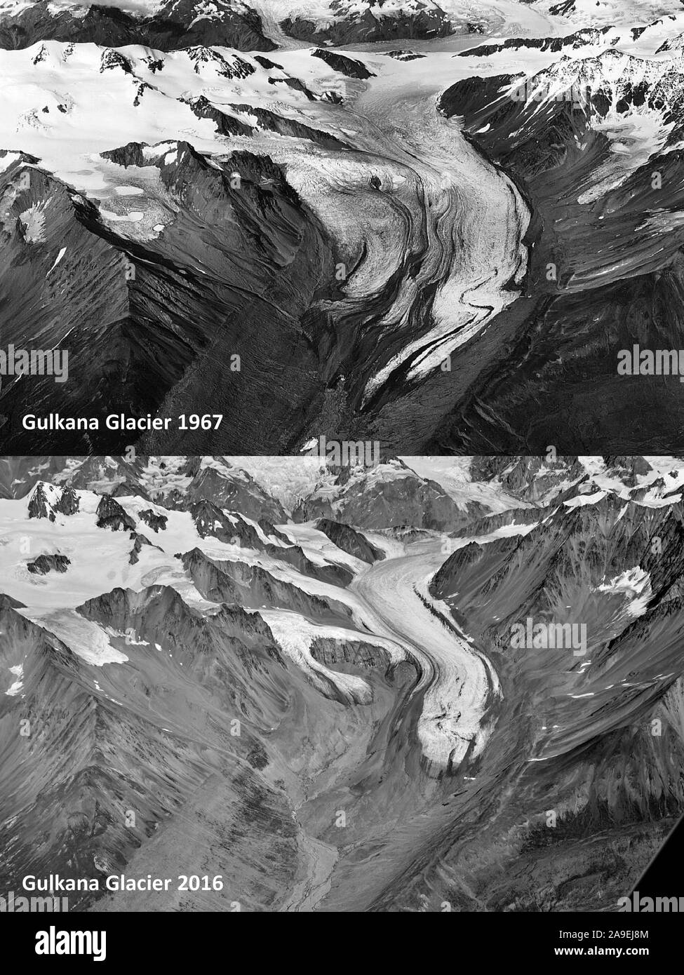 Repeat oblique photographs of Gulkana glaciers in Alaska.  1967- 2016 Stock Photo