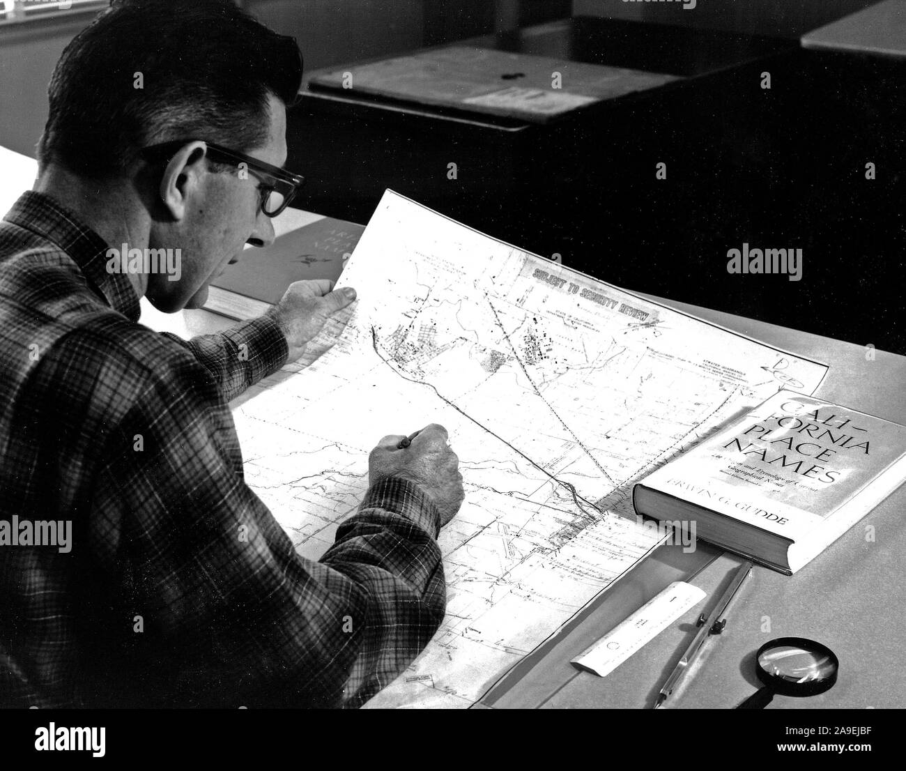1957 USGS Map editor reviews an overlay of the Atwater, CA 7.5minute