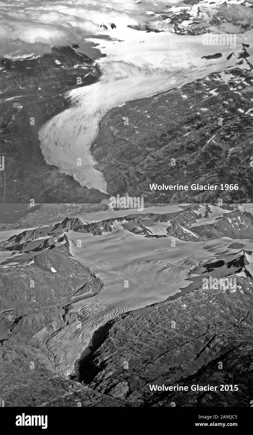 Repeat oblique photographs of Wolverine glacier in Alaska.  1966 image by unknown USGS photographer; 2015 image by L. Sass, USGS. Stock Photo