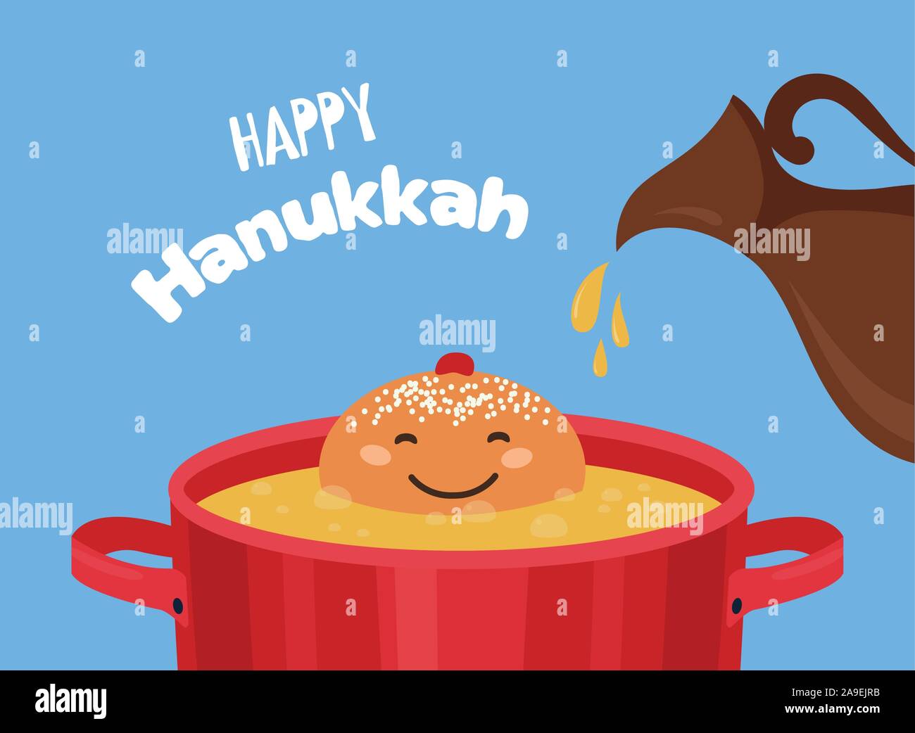 Greeting card with funny Hanukkah traditional donut frying in an oil pot. Stock Vector