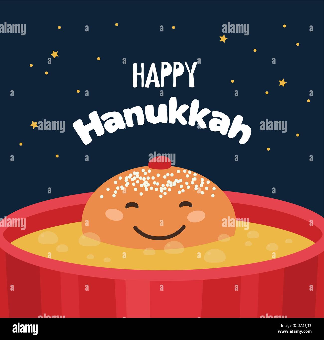 Greeting card with funny Hanukkah traditional donut frying in an oil pot. Stock Vector