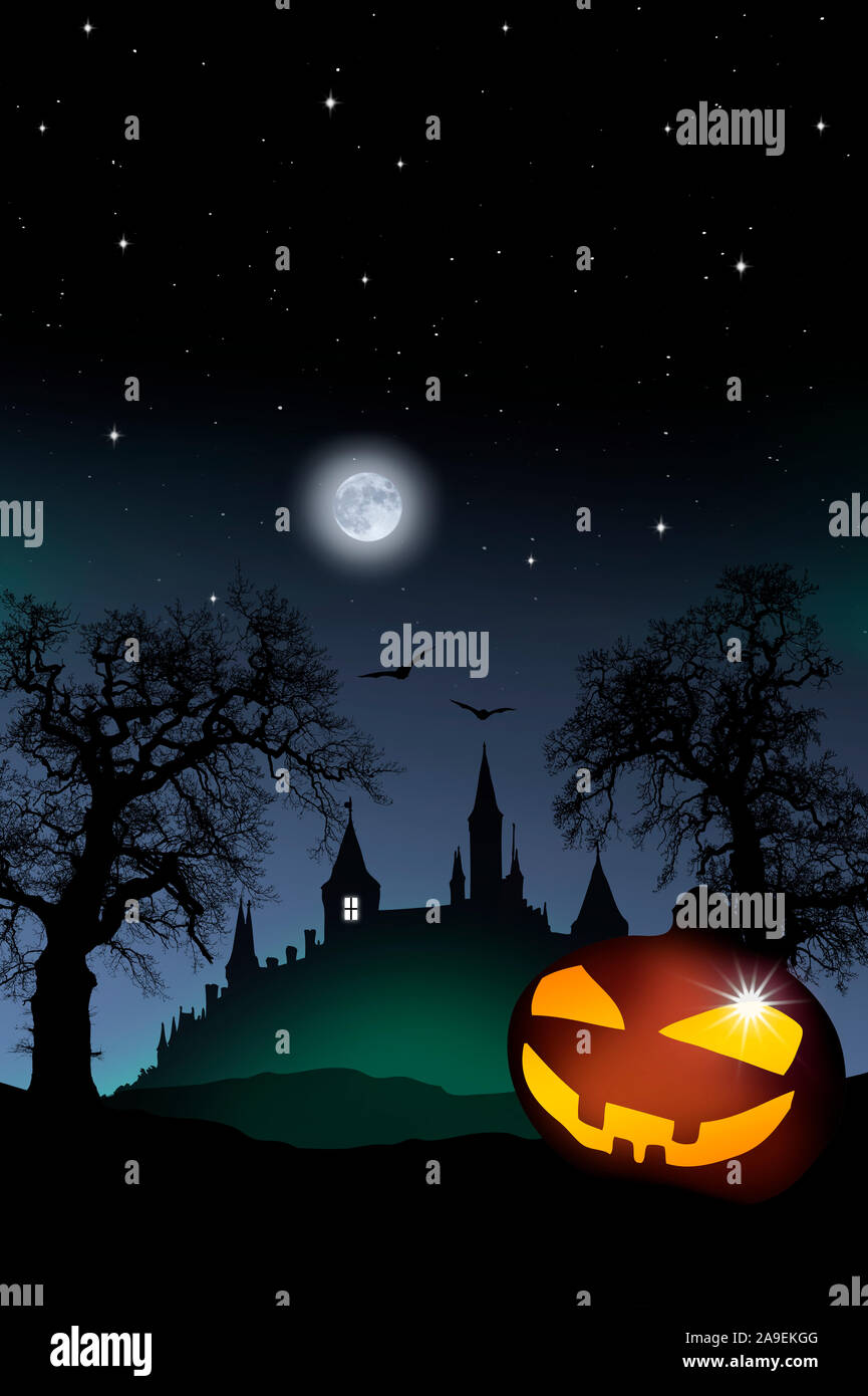 Halloween haunted castle with pumpkin Stock Photo