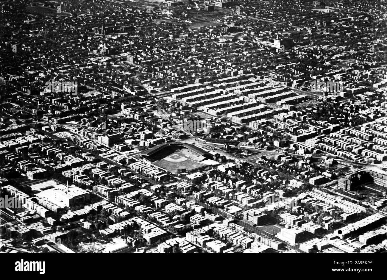 Aerial Photograph of the North Side of Chicago, Illinois 1919 - Weeghman Park (present day Wrigley Field) can be seen in the middle of image. Stock Photo