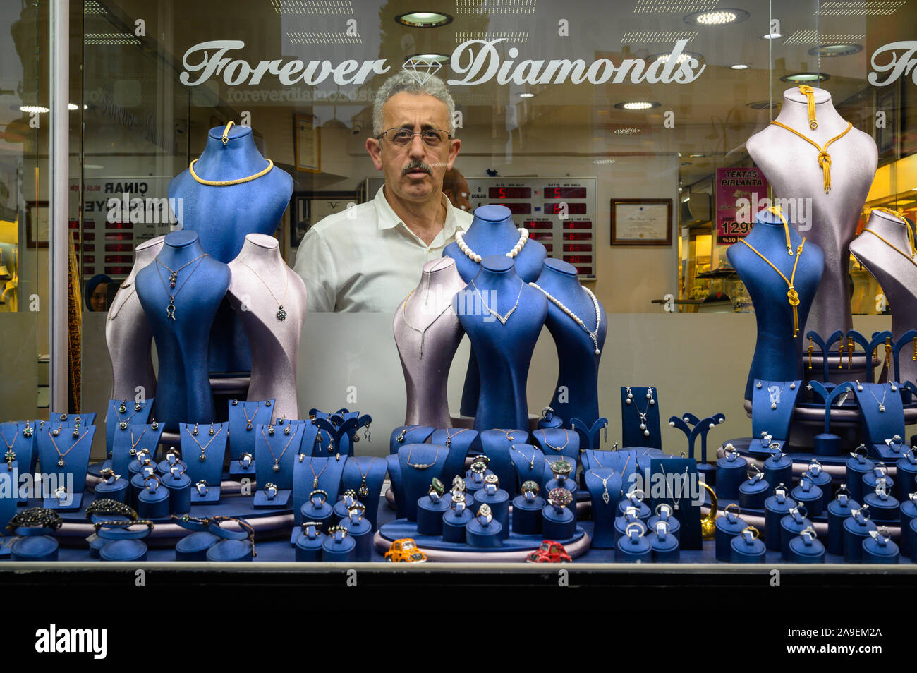 Vendor at his jewelry shop, Kadıköy, Istanbul, Turkey Stock Photo