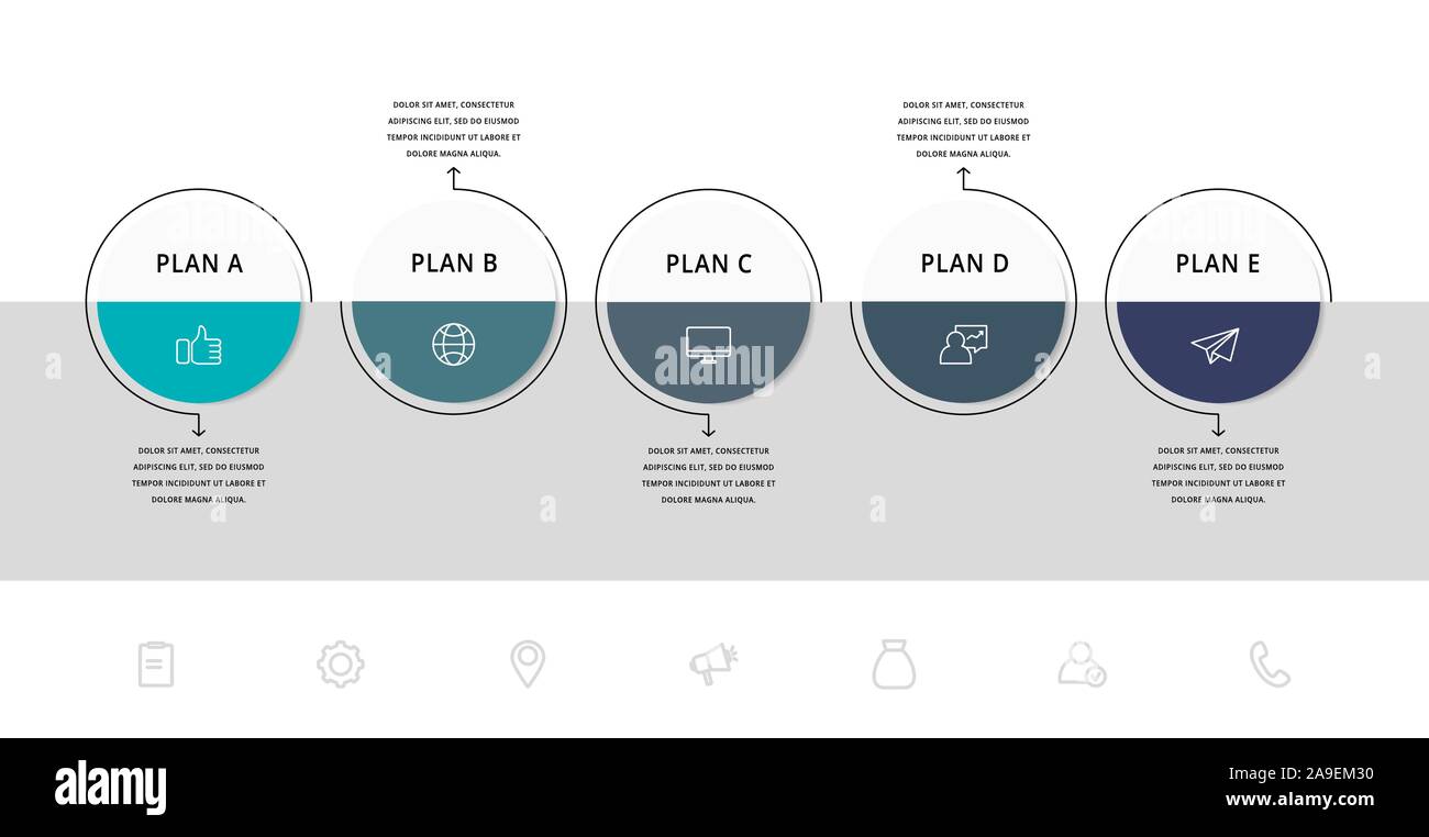 Vector flat infographic template. Line circles with text and icons for five diagrams, graph, flowchart, timeline, marketing, presentation. Business Stock Vector