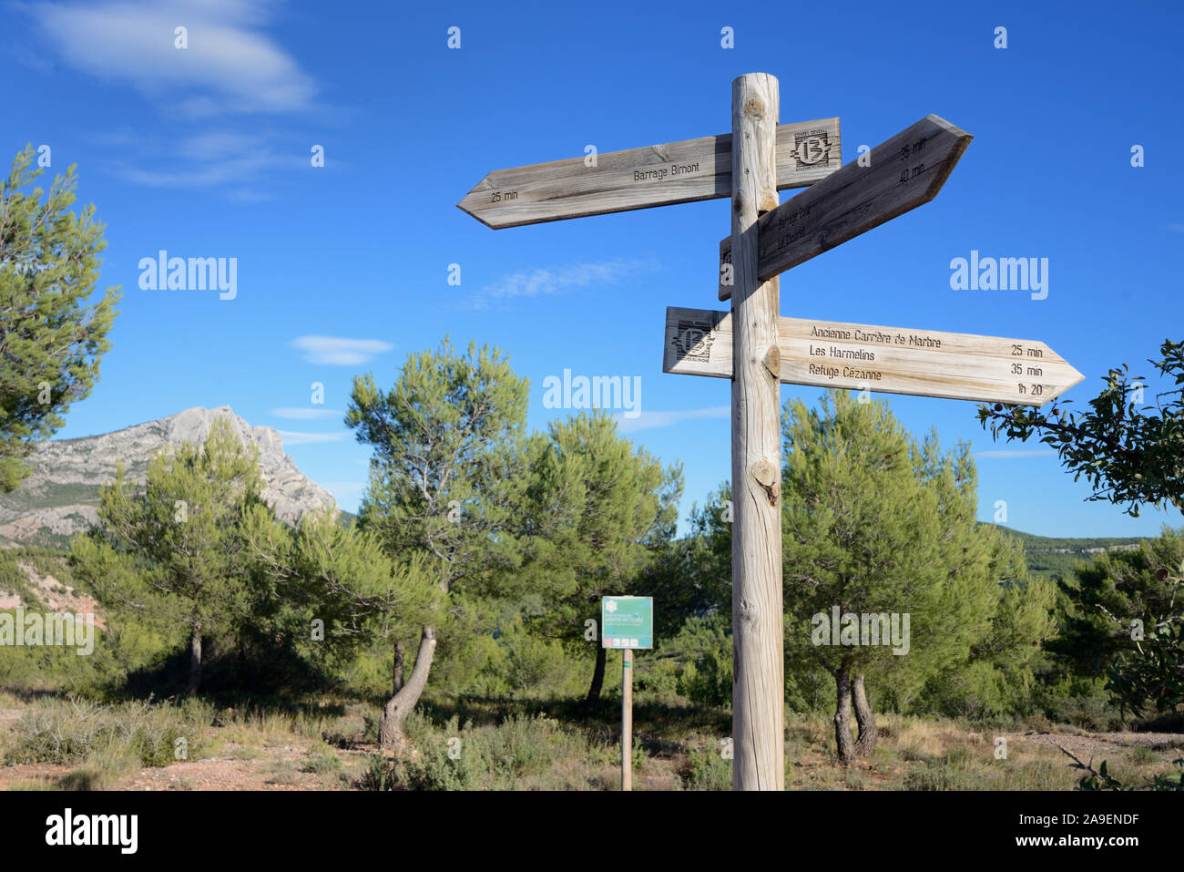 Signposts in the Mont Sainte-Victoire Mountain Nature Reserve near Aix-en-Provence Provence France Stock Photo