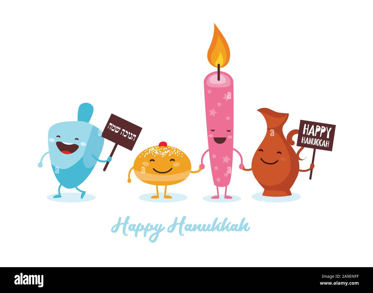 greeting banner for Jewish holiday Hanukkah . Funny characters with traditional icons candle, dreidel , oil jug and Hanukkah donuts Stock Vector